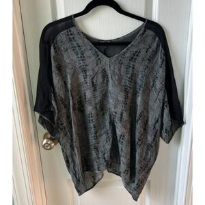 Eileen‎ Fisher Silk Snake Skin Print Sheer Shoulder V-Neck Blouse Top Size L